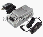Ultra fast camcorder/digital camera battery charger with AC adapter and DC adapter. Can be used from wall plug or cigarette lighter.
