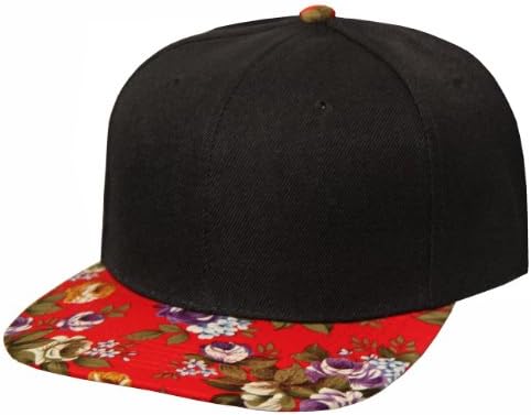 Vintage Style Floral Pattern Flat Bill Snapback (Black with Red Floral)
