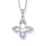 14k White Gold Diamond and Pearl Flower Pendant, 18