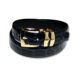 Crocodile Grain Embossed 30mm Genuine Bonded Navy Blue Leather Belt with Gold Buckle