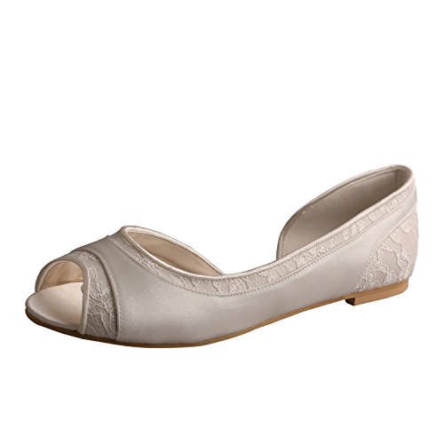 D'orsay Satin and Lace Open Toe Ballet Flat Women Wedding Shoes for Bride (9, Ivory)