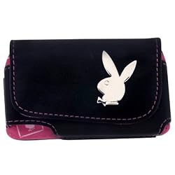 Licensed Black Playboy Horizontal Cellphone Pouch Lined in a Hot Pink Bunny Print with Magnetic Flap to Secure phone