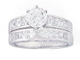 Platinum Plated Sterling Silver Cubic Zirconia Round Solitaire Ring with Princess-Cut Side Stones and Princess-Cut Band Bridal Set, Size 7