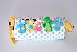 ご出産祝い ベビーロール・コレクション　おめでとうハッピーギフトセット　布のおもちゃ ブランケット ソフトぬいぐるみ どうぶつラトル どうぶつ指人形 ブルーのハートの画像