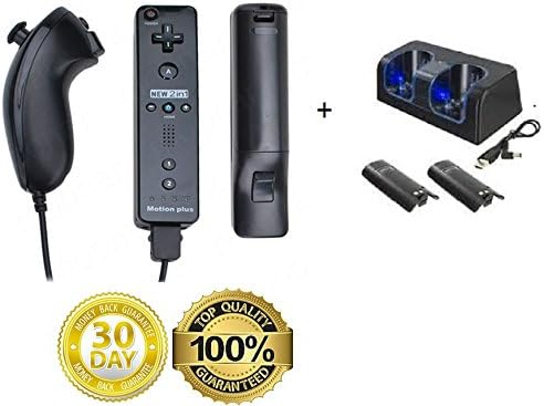 Bundle: 8 items - (Black) Nintendo Wii U Controller Built in Motion Plus Compatible Remote Controller And Nunchuck Plus Silicone Cover, And Wrist Band + Wii U Charging Station