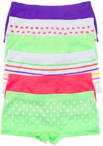 Gyrl Co. 6 Pack Boy Short Panties in Fun Colors and Patterns (Small, N.Orange/Purple/N.Green)