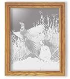 Dog and Pheasant Art Etching in Framed Wall Mirror, Solid Oak Frame, Hand-Rubbed Finish, 10 x 12 inches