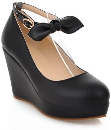 Maymeenth Womens Closed Round Toe High Heel Wedges PU Soft Material Solid Pumps, Black, 39