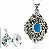 Sterling Silver Diamond Shaped Genuine Marcasite Turquoise Locket