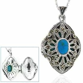 Sterling Silver Diamond Shaped Genuine Marcasite Turquoise Locket by SilverSpeck.com