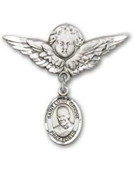 Sterling Silver Baby Badge with St. Luigi Orione Charm and Angel with Wings Badge Pin
