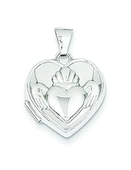 14K White Gold Claddagh Heart Locket Pendant Jewelry