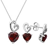 XPY Sterling Silver Ruby and Diamond Heart Earrings and Pendant Necklace Set, 18
