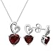 XPY Sterling Silver Ruby and Diamond Heart Earrings and Pendant Necklace Set, 18