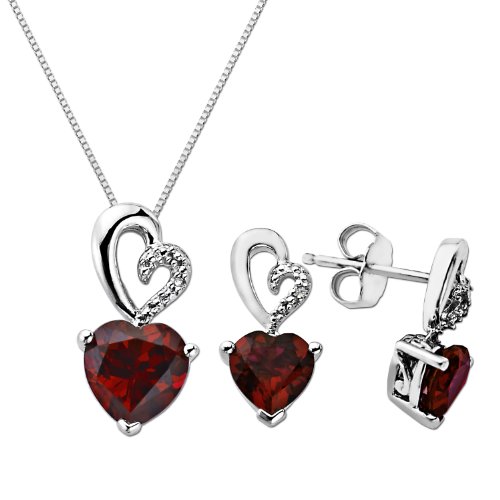 XPY Sterling Silver Ruby and Diamond Heart Earrings and Pendant Necklace Set, 18