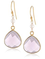 Faceted Dark Amethyst Quartz Heart Shape Bezel with White Freshwater Cultured Pearl and Gold over Silver Ear Wire Drop Earrings