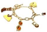 Lady's Themed Chunky Boot, Purse, Cell, Lipstick & Sunglasses Charm Bracelet Gold Tone