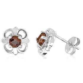 Round Genuine Smoky Quartz Earrings Sterling Silver by Peora