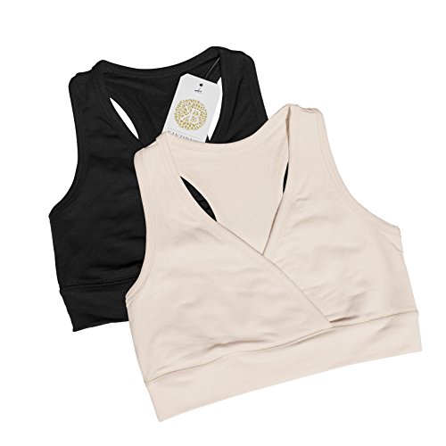 Soft French Terry Nursing Sleep Bra for Maternity / Breastfeeding (X-Large, 2 Pack, Black/Nude)
