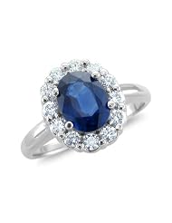 Natural Sapphire and Diamond Engagement Ring in 18k White Gold Halo Ring (g,... by 