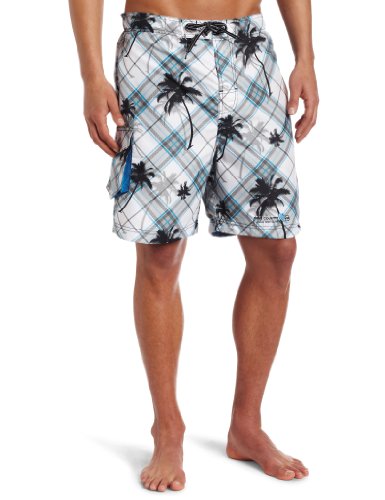 Free Country Men's Island Palm Plaid Free C Board Swimsuit,Ice White,Large