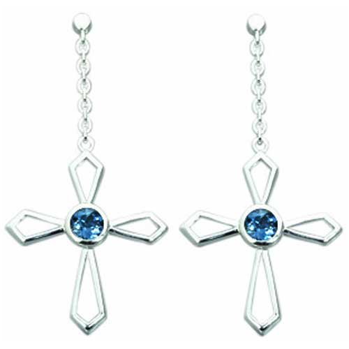 1.25 Ct.T.W. Genuine Round London Blue Topaz in Pure Sterling Silver Cross Earrings