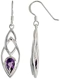 Sterling Silver Marquise-shaped Celtic Fish Hook Dangle Earrings, w/ Pear Cut Natural Amethyst Stones, 1 5/8" (41mm) tall