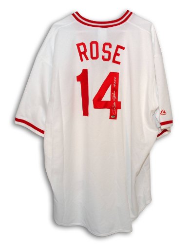 Pete Rose Autographed Cincinnati Reds Majestic White Jersey Inscribed 