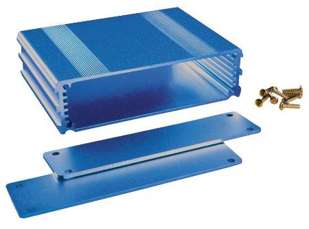 Blue Extruded Aluminum Enclosure - 1.37inch(H) X 5.25inch (W) X 3.15inch (D) With White Earbud Headphones