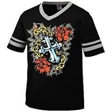 41DFaRf%2B%2BbL. SL160  Cross and Roses Mens Ringer Tattoo T shirt, Old School Cross Tattoo Style Design V Neck Shirt, X Large, Red/White