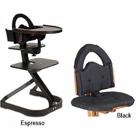 Svan High Chair from Scandinavian Child with Infant Kit and Cushion, Black Cushion with Espesso Wood