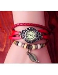 VIKEN Quartz Fashion Weave Wrap around Leather Bracelet Lady Women Wrist Watch (red)