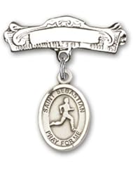 Sterling Silver Baby Badge with St. Sebastian/Track & Field Charm and Arched Polished Badge Pin