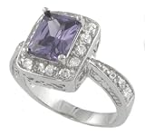 Sterling Silver Rectangular Cut CZ Ring with Filigree Accents