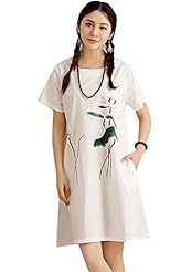 General Print Shift Short Sleeves Cotton/Linen Mini Dress 