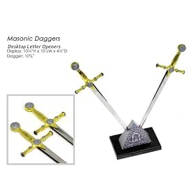 3 PIECE MASONIC DESKTOP LETTER OPENER SET 2 SWORDS WITH PYRAMID STAND