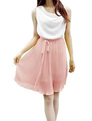 Above the Knee Belted Pleated Cowl Neck Chiffon Elasticized   Waistline Sleeveless  Dress With a Ribbon  and a Sash 