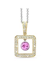 Square Diamond Pendant With A Round Cut Center Stone In 18K Yellow Gold With A 0.70 ct. Genuine pink-sapphire Center Stone.