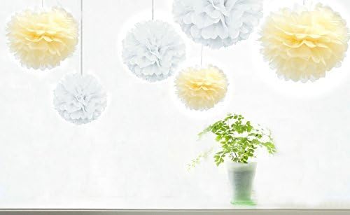 DITOP® Mixed 14" &amp; 10" &amp; 8" Set of 12 Tissue Paper Pom Poms Party Decorations for Weddings, Birthday Parties Baby Showers and Nursery Decor Wedding Party Supplies Decorations Birthday Parties and Baby Showers Party Decorations Nursery Outdoor Decoration (White and Beige)