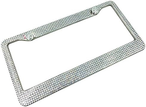 White Crystal Rhinestones License Plate Frame Special Bling Offer with Two Caps