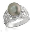 Ring With Precious Stones - Genuine Clean Diamonds and 10.7mm Tahitian Pearl Well Made in 14K White Gold. Total item weight 8.5g - Size 7 (Size 7)