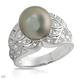 Ring With Precious Stones - Genuine Clean Diamonds and 10.7mm Tahitian Pearl Well Made in 14K White Gold. Total item weight 8.5g - Size 7 (Size 7)