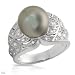 Ring With Precious Stones - Genuine Clean Diamonds and 10.7mm Tahitian Pearl Well Made in 14K White Gold. Total item weight 8.5g - Size 7 (Size 7)