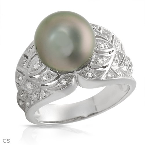 Best Ring With Precious Stones - Genuine Clean Diamonds and 10.7mm Tahitian Pearl Well Made in