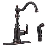 Kingston Brass GS7706ACLSP Single Handle Deck Mount Kitchen Faucet with L Spout Deck Plate Ceramic Cartridge with Side Spray Lever Handle, Nobel Bronze