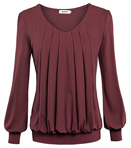 Bepei Women Tops V Neck Long Sleeves Front Pleated Shirts Blouses