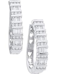 Ladies 1ct Diamond hoop earrings White gold huggies hinged back 14K baguette and round