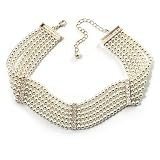6-Strand Faux Pearl Bridal Diamante Choker Necklace (Silver Plated Metal)