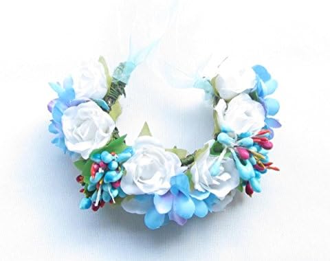 Fashion Handmade Boho Flower Headpiece with Ribbon for Bride Wedding Flower Girl Hair Accessories (blue handband)