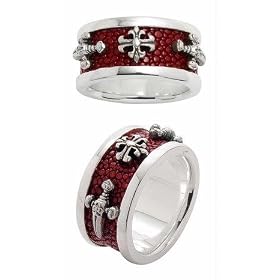 Silver Red Stingray Leather Sword/ Cross Ring